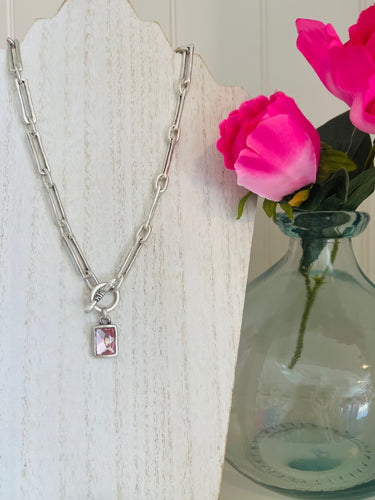 Handmade Pink Crystal Pewter Necklace